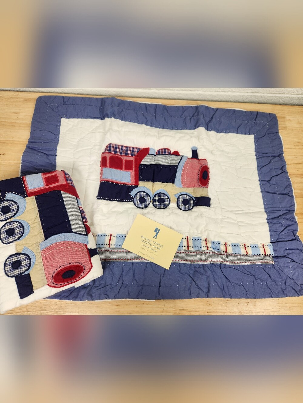 Pottery Barn Kids Quilted Pillow Sham Set of 2 Railway Express NOS Trains Plaid